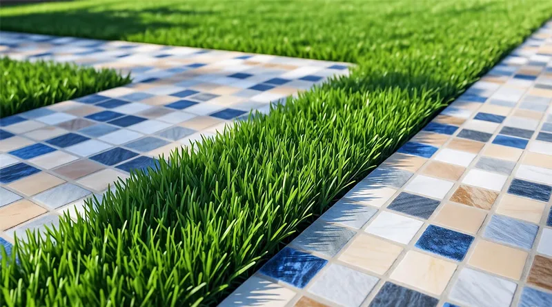 نحوه اجرای چمن مصنوعی بین موزاییک + نکات مهم ماندگاری بیشتر