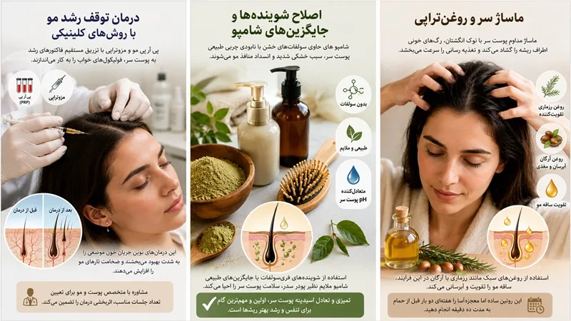 درمان توقف رشد مو با روش های کلینیکی، اصلاح شونیده و ماساژتراپی